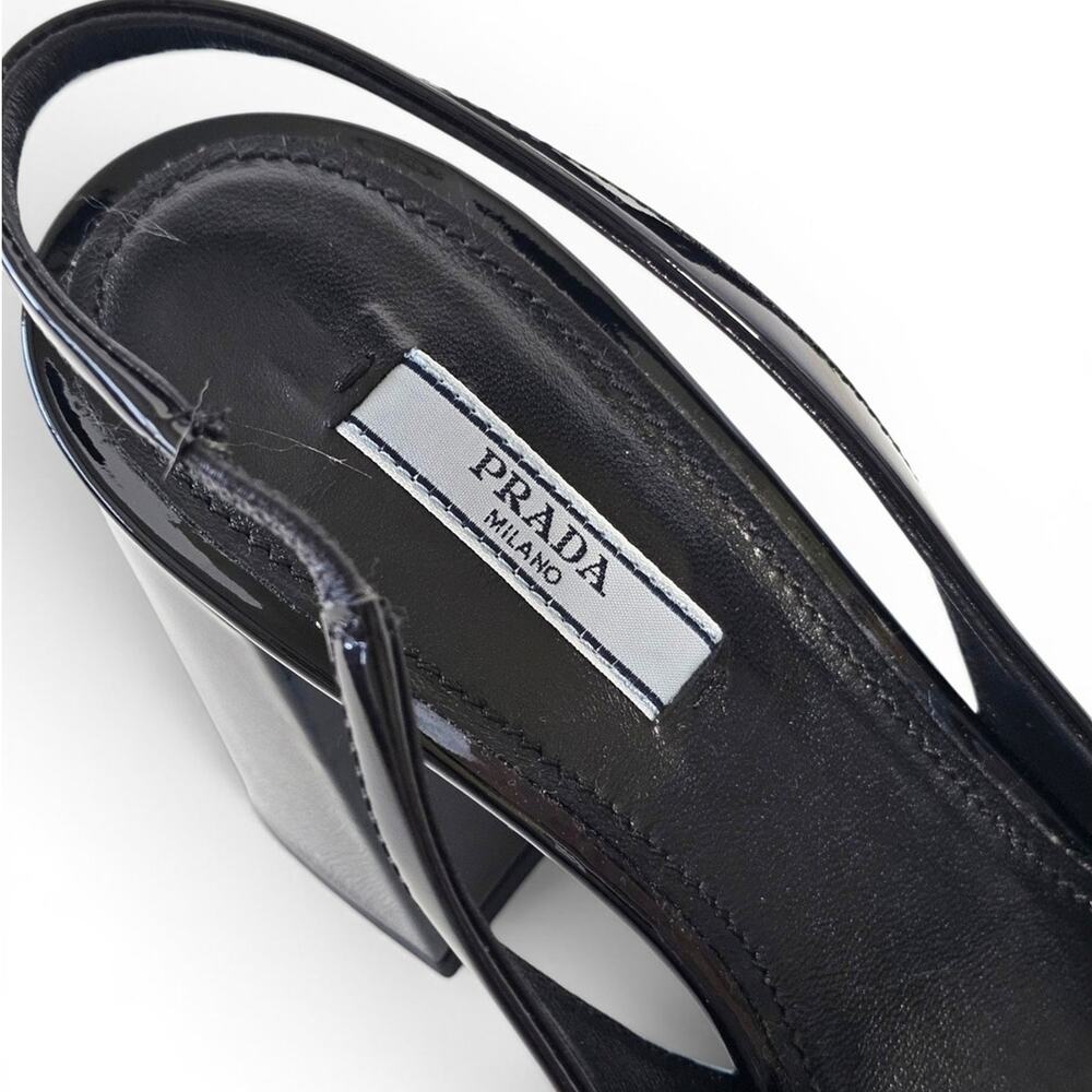 Prada Vernice Black Patent Leather Slingback Block Heel Pumps Triangle Logo 38 - Picture 5 of 11